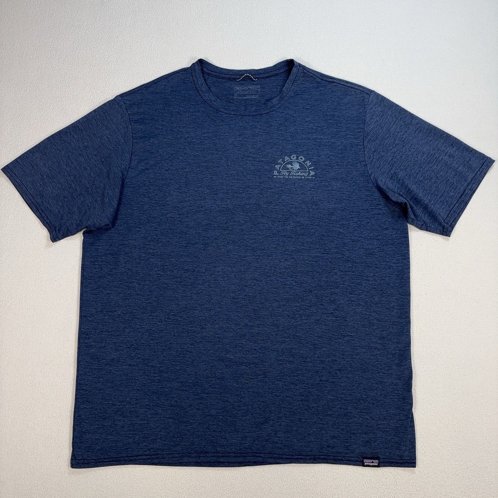 Patagonia Capilene Cool Daily Graphic T-Shirt Men's M Navy Fly Fishing *HOLE*
